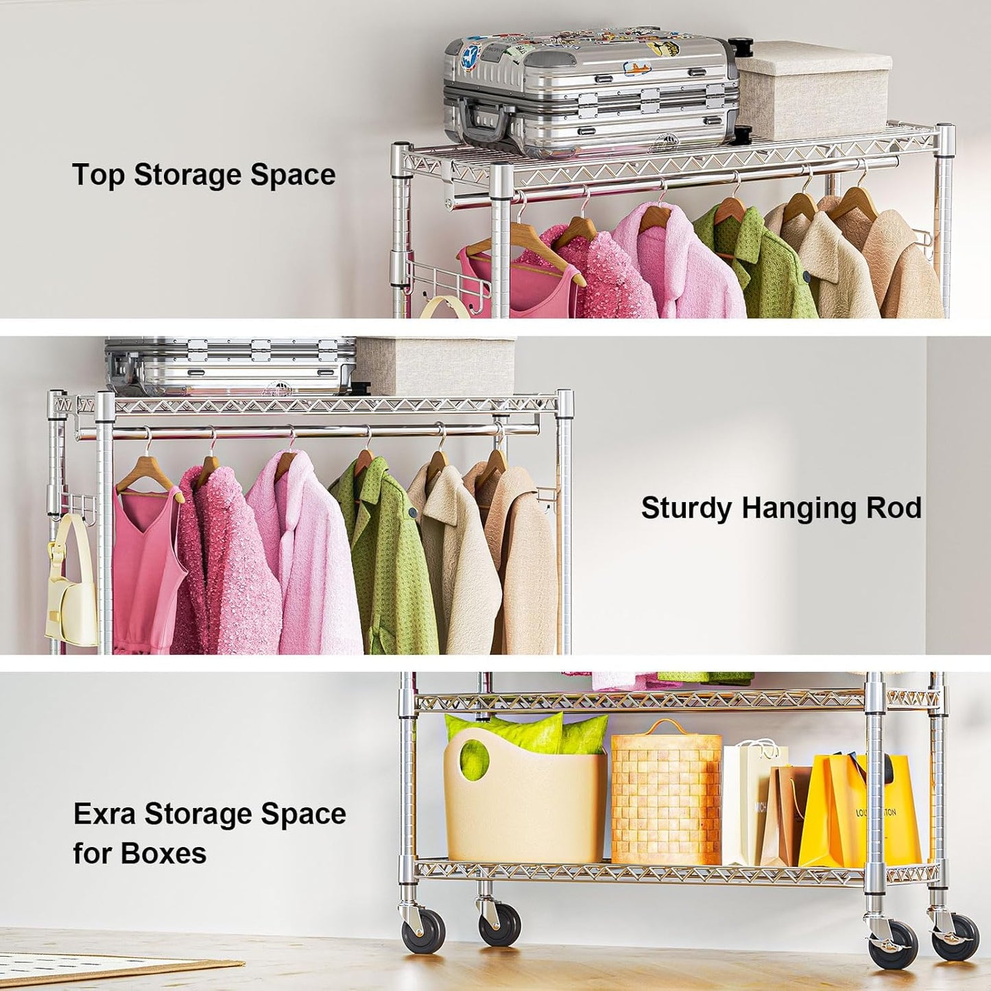 Heavy Duty Rolling Garment Rack 3 Tiers Adjustable Wire Shelving Clothes Rack with 1 Rods and Side