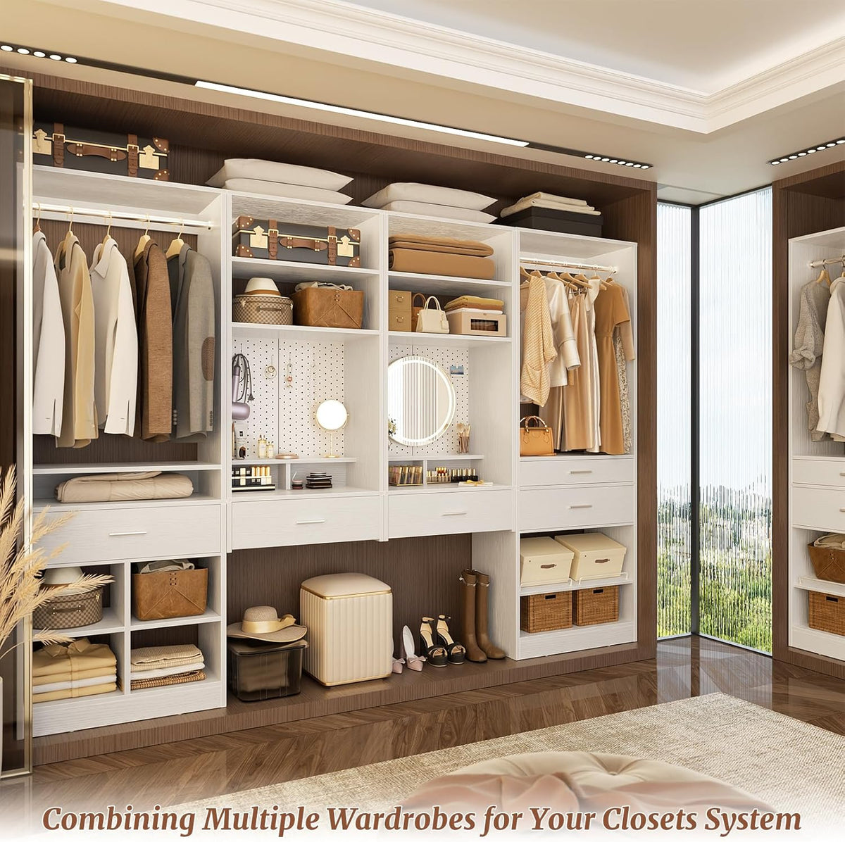 Unikito 75” Modular Closet System, Freestanding Closet Organizer with Hanging Rods and Drawers