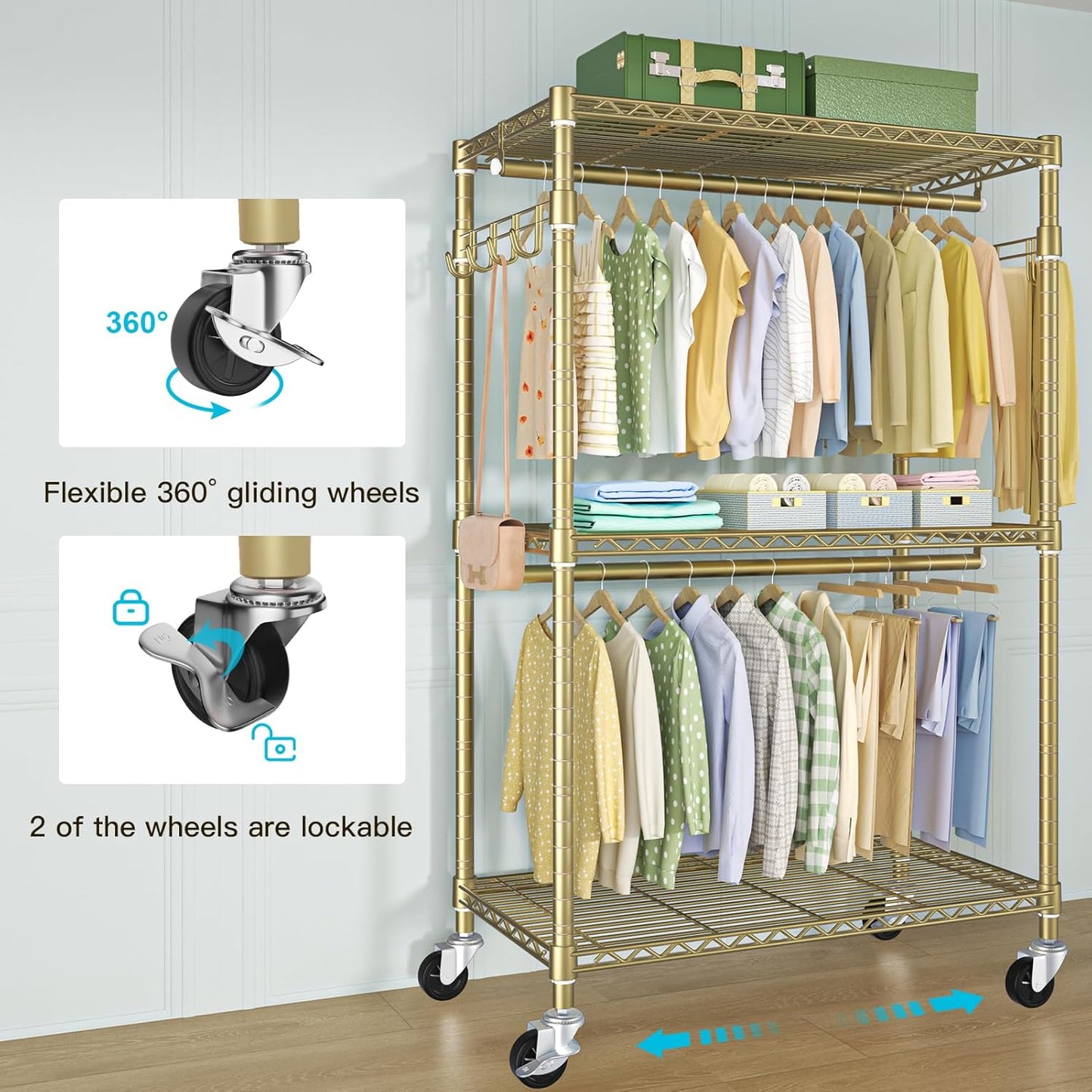 FUTASSI P1 Rolling Clothes Rack, Movable Metal Garment Closet Organizer with Lockable Wheels