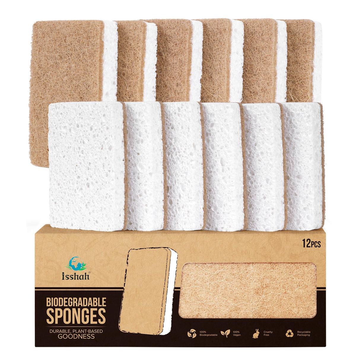 Isshah Plant-Based Kitchen Sponges - FSC Certified and PETA Approved, Natural, Eco-Friendly