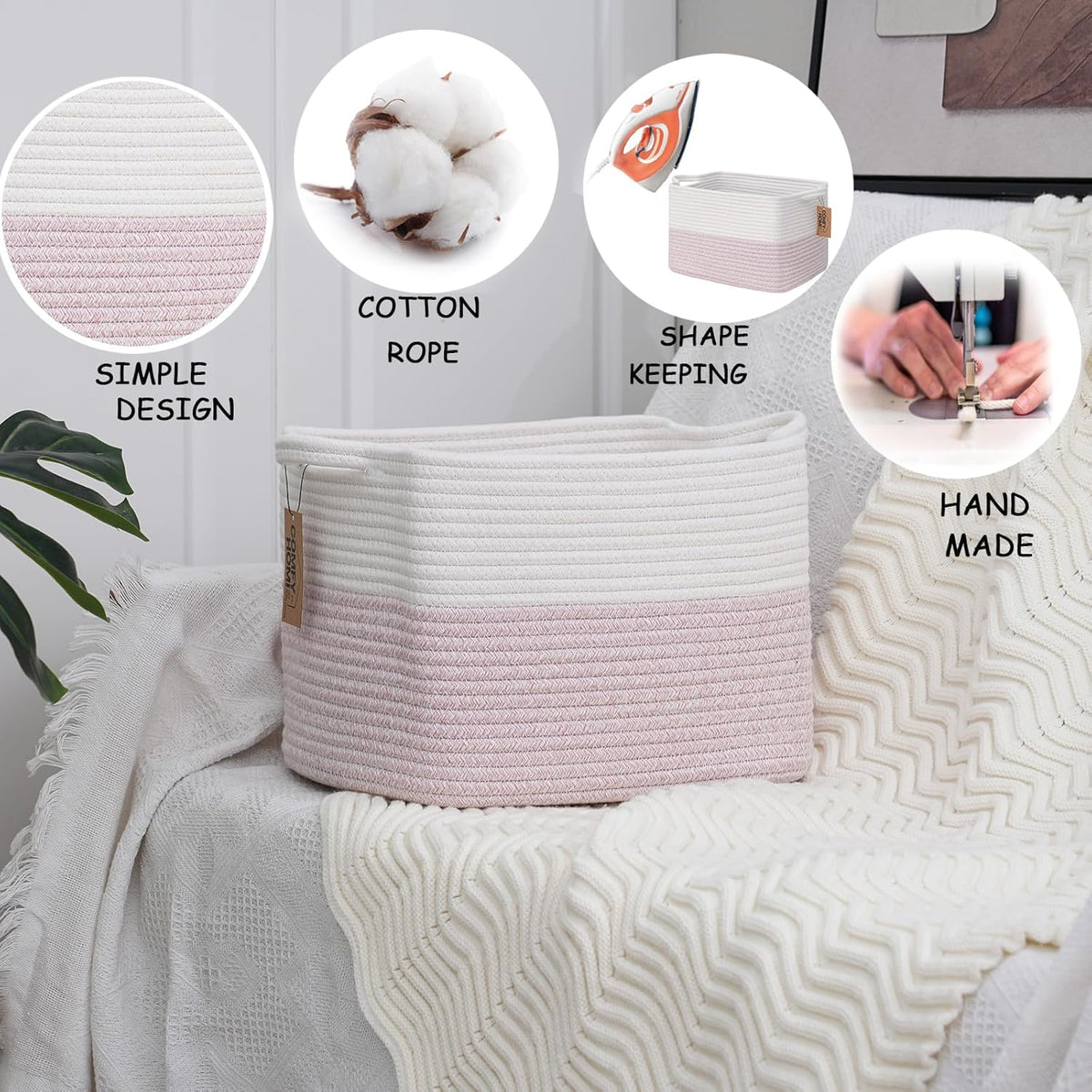 COMFY-HOMI 3PACK Cotton Rope Square baske with Handles for Shelves|Dog Toy baske Bin and