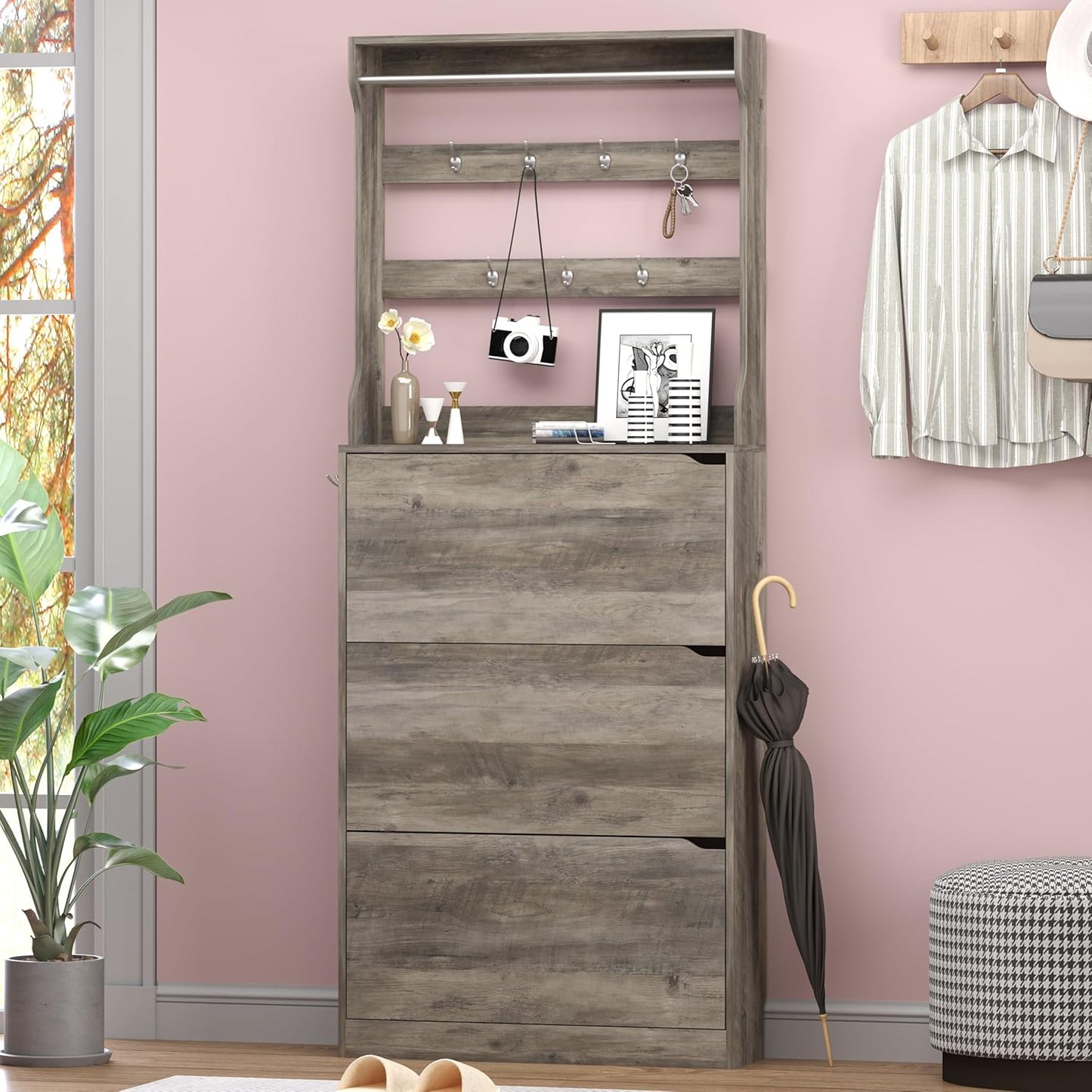 Shoe Cabinet with 3 Flip Drawers & Coat Rack, Narrow Hidden Shoe Storage Cabinet, 2-in-1 Hall Tree