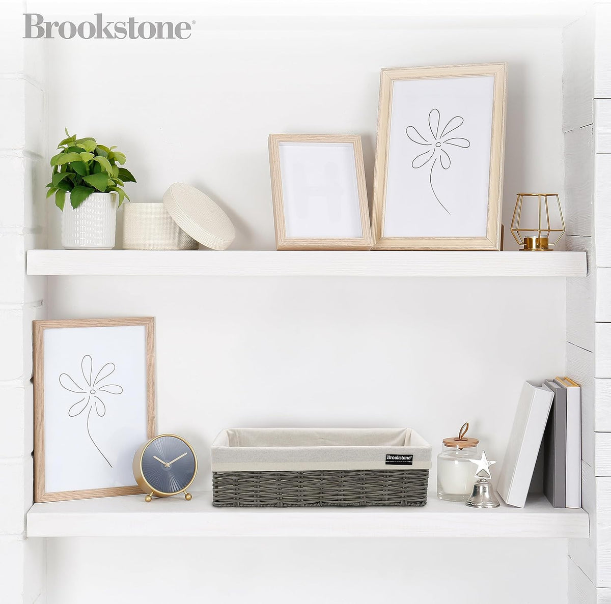 Brookstone Wicker Shelf Storage Basket Decorative Shelf Bin, bathroom organizers and storage, Boho