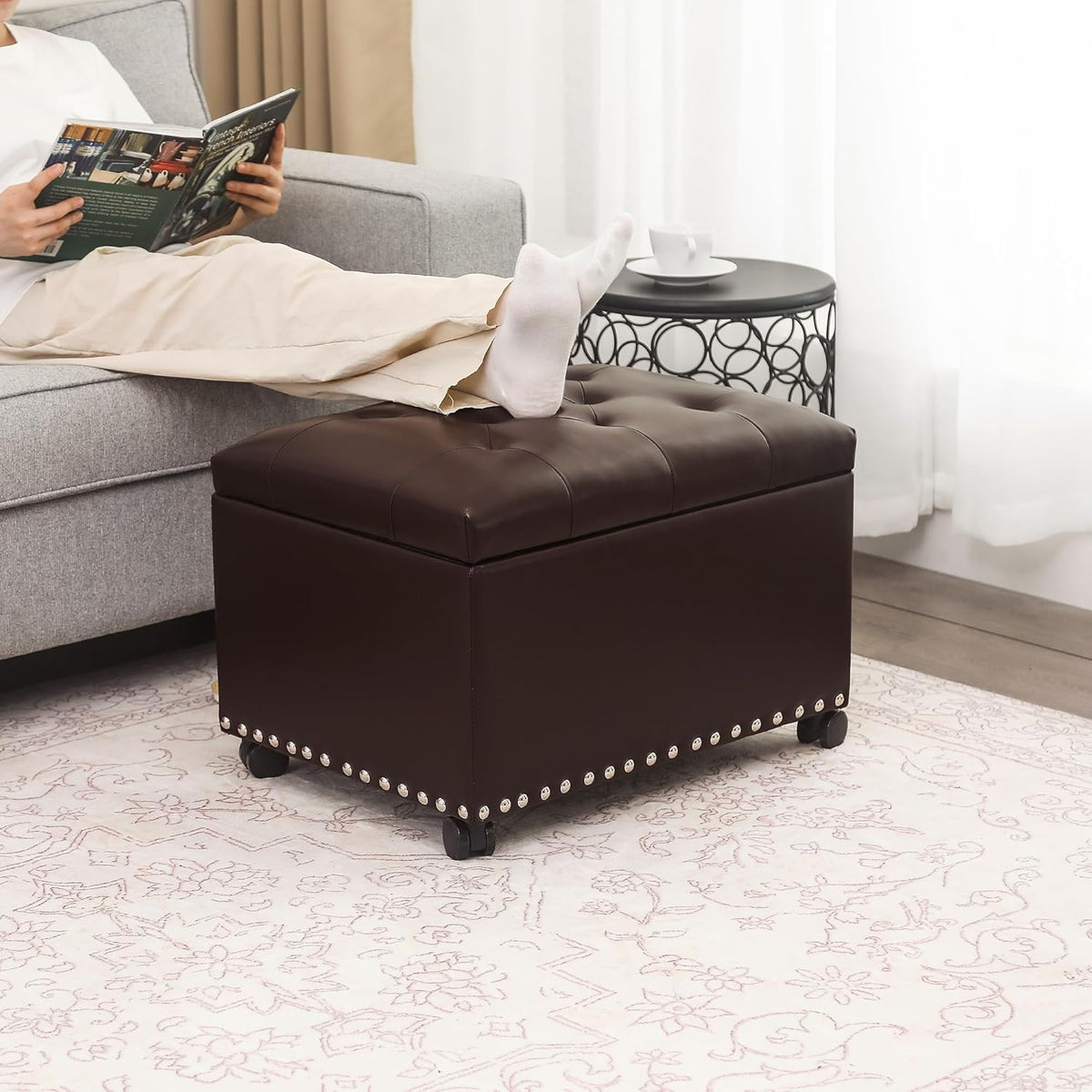 Joveco Leather Storage Ottoman with 360° Caster Wheels 24" Foot Rest Bench Rectangle Ottomans Stool