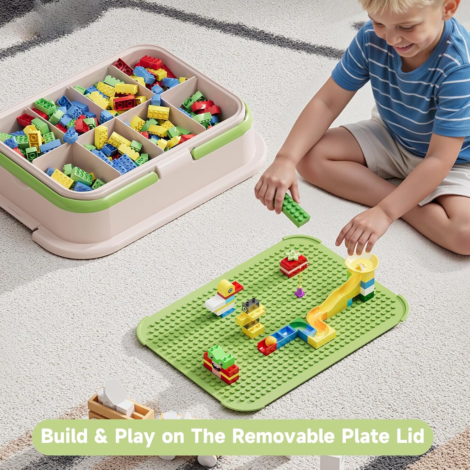 Toy Storage Organizer Box with Handle, Stackable Building Block Toy Box with Building Plate Lid &