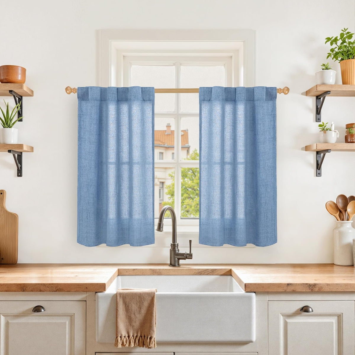 YoungsTex Denim Blue Linen Curtains 36 Inch Length for Kitchen Cafe Window, Small Half Window