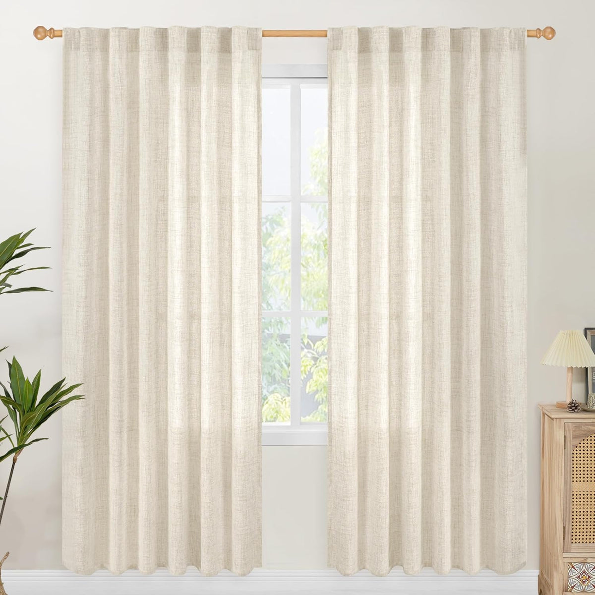 YoungsTex Linen Semi Sheer Curtains 78 Inch Length for Living Room, Boho Cream Light Filtering