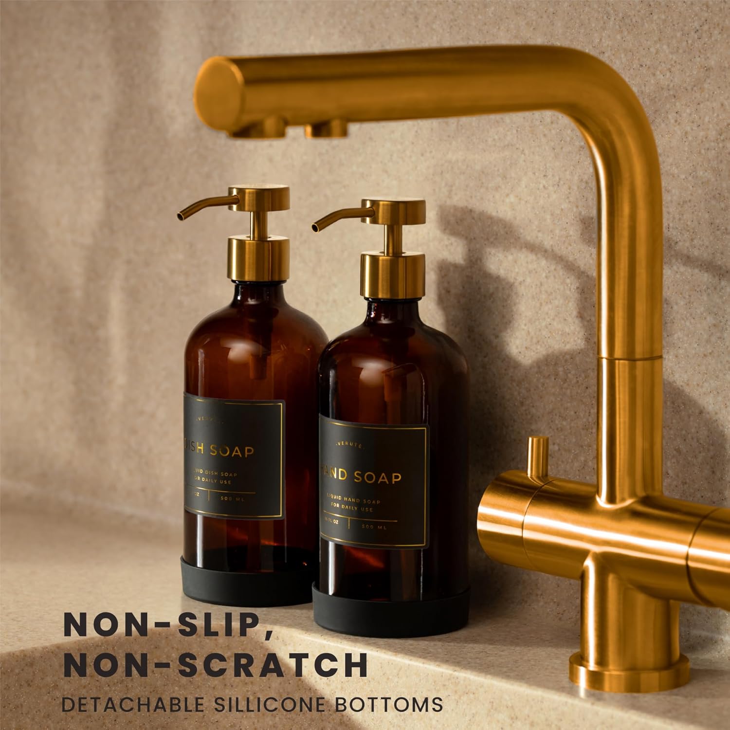 16oz Glass Soap Dispenser with Stainless Steel Pump, 21 Waterproof Labels, Non-Slip Protective