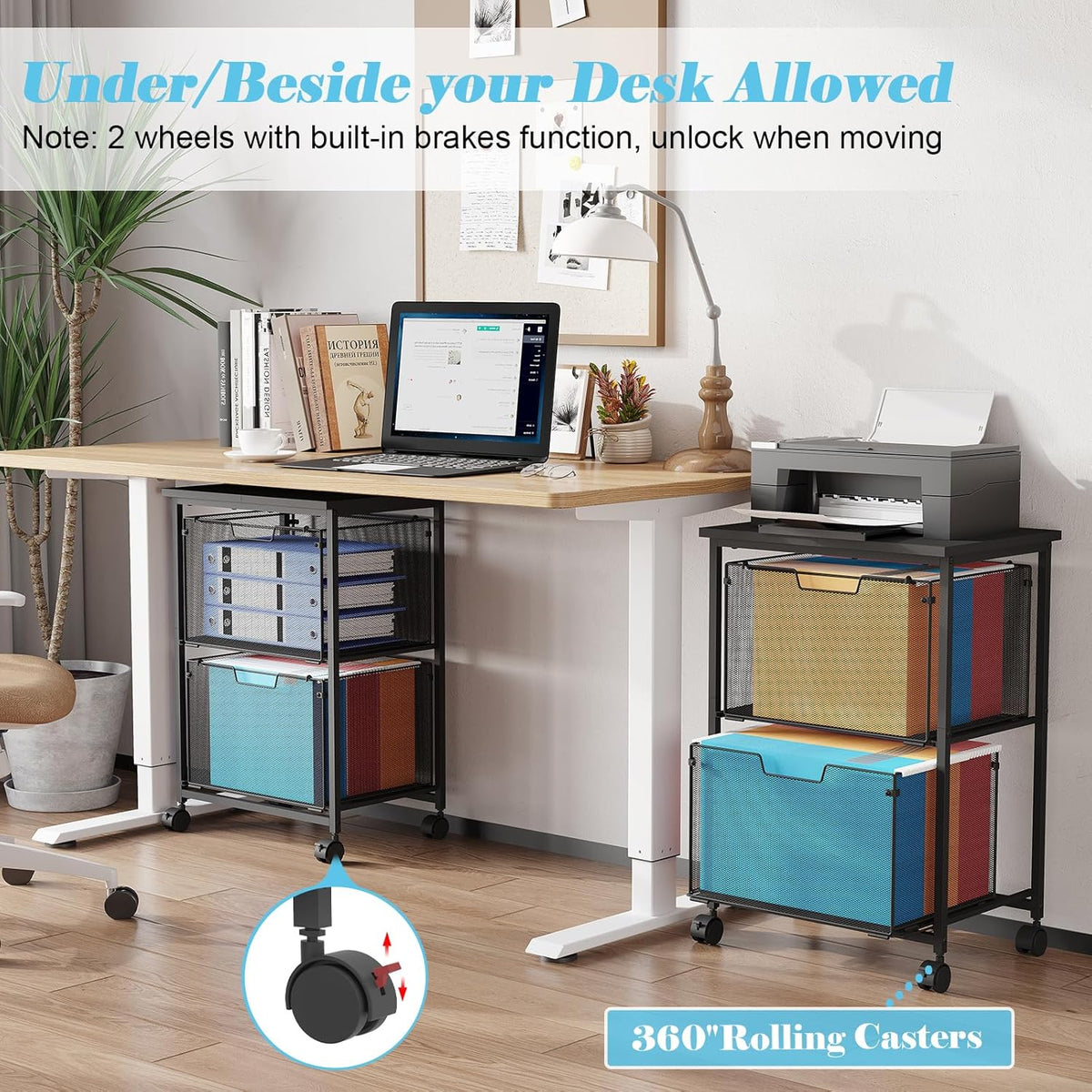 Letter/Legal Rolling File Cart with 2 Storage Drawers, Under Desk Storage, Vertical Filing Cabinet