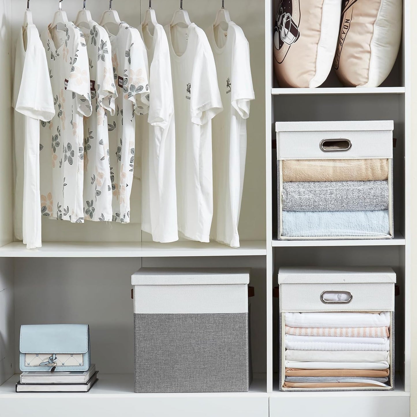 Fabric Storage Cubes with Clear Windows and Lids, 13'' Foldable Storage Bins with 3 Handles