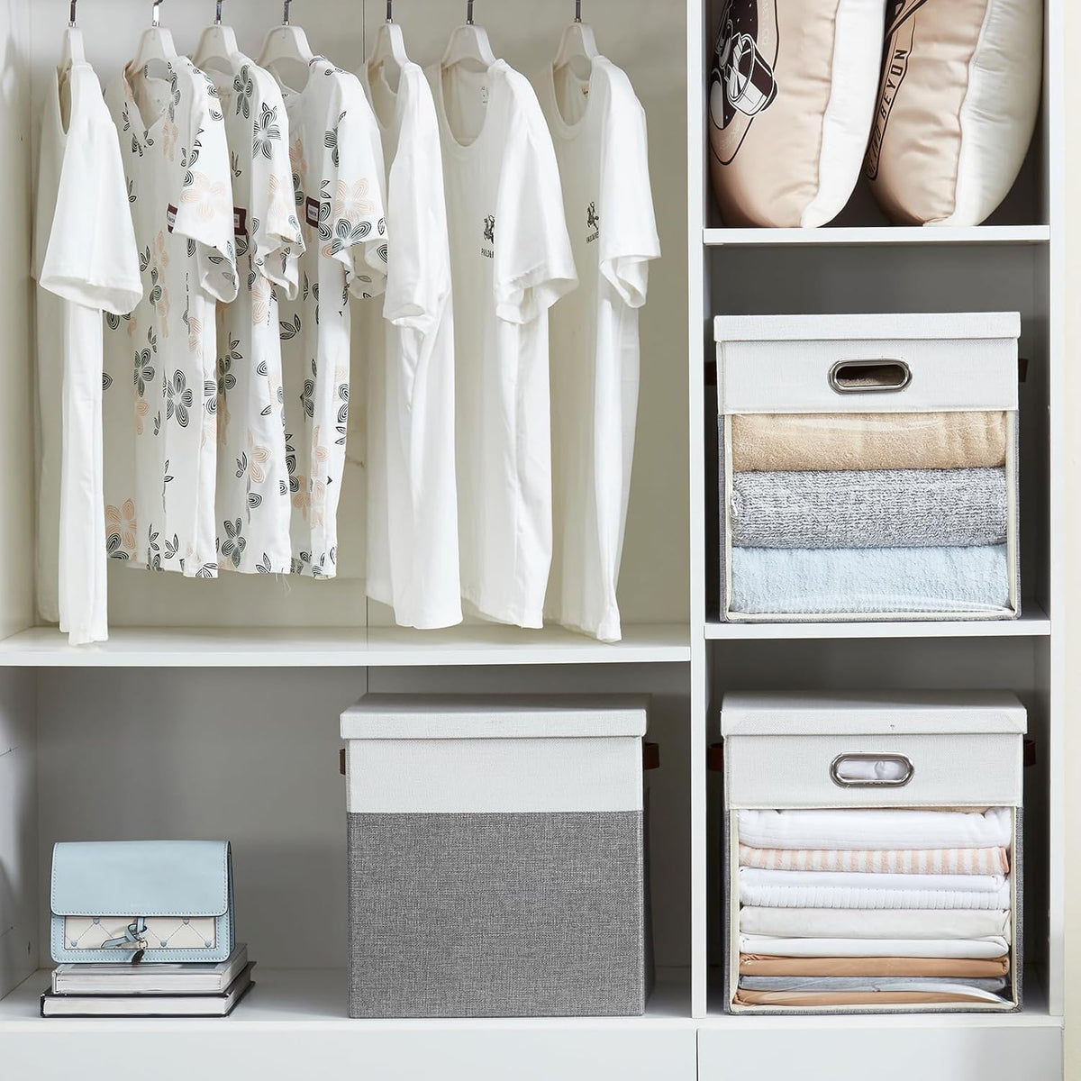Fabric Storage Cubes with Clear Windows and Lids, 13'' Foldable Storage Bins with 3 Handles