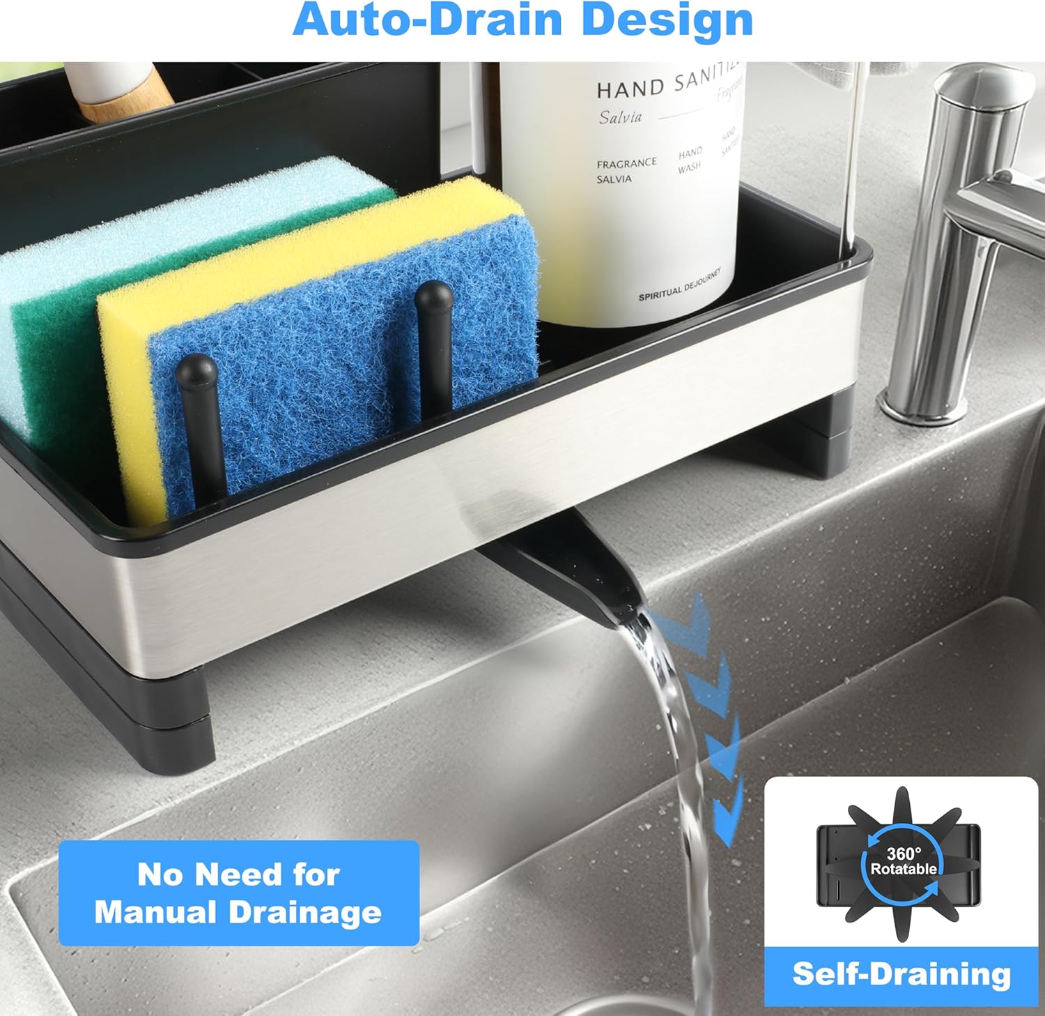 Stainless Steel Sponge Holder for Kitchen Sink Caddy Organizer Rack for Dish Brush Holder, Soap