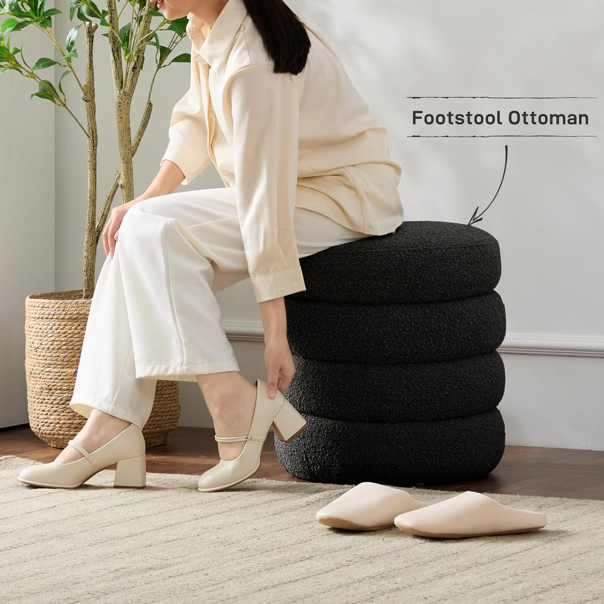 Round Ottoman with Storage Boucle Ottoman Stool with Storage Removable Lid for Living Room Modern