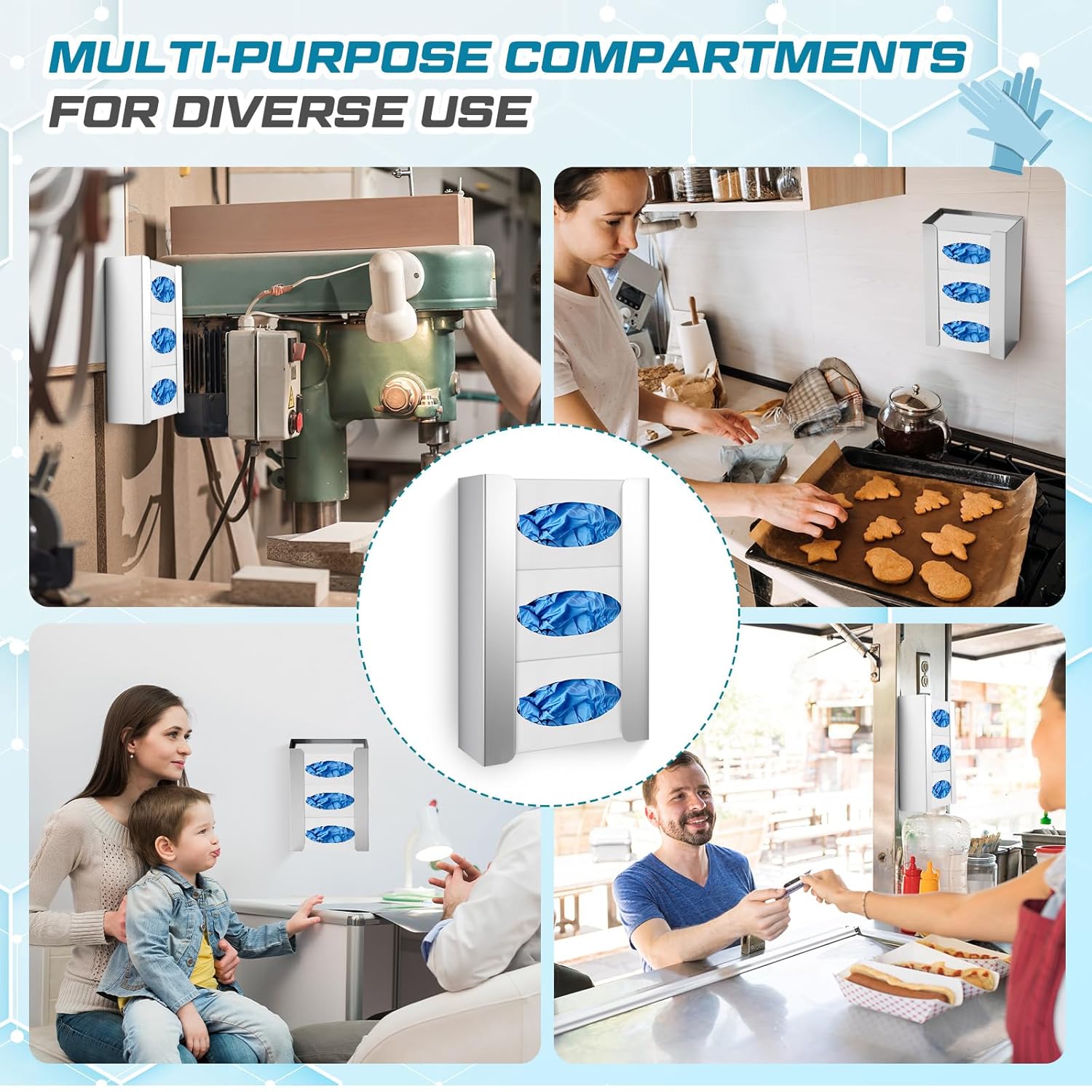 Blulu 4 Pack Glove Box Holder/Dispenser Stainless Steel Triple Wall Mounted Glove Box Organizer