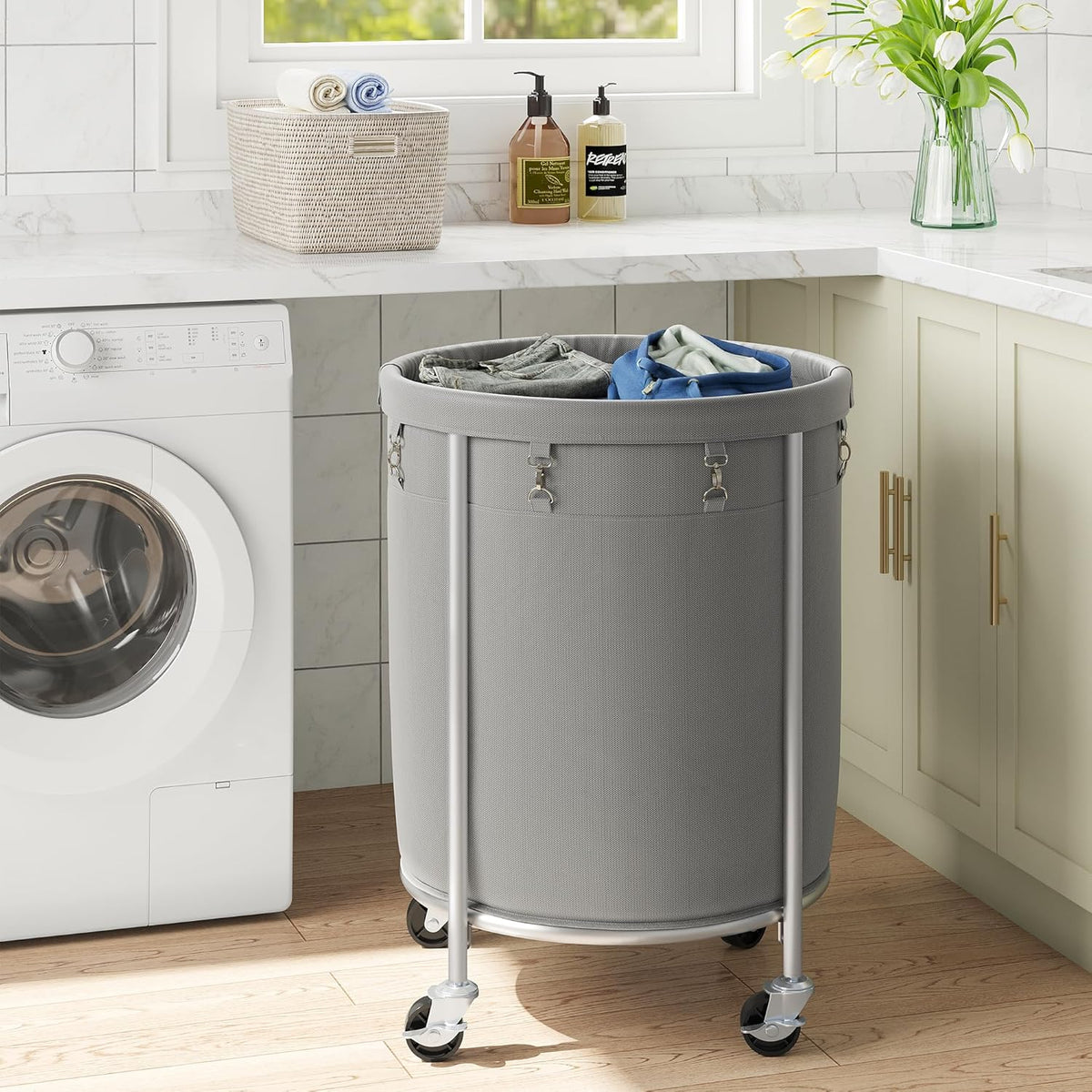 ELYKEN Laundry Basket with Wheels, 45 Gallons Rolling Laundry Hamper with Removable Bag and Steel