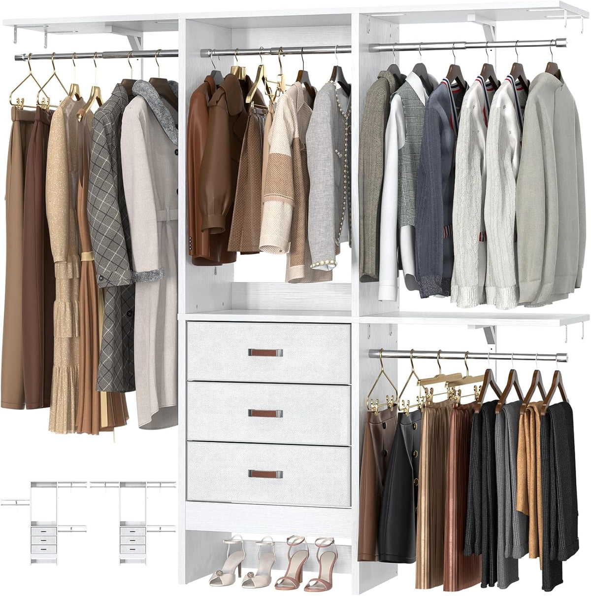 Armocity 5FT Small Closet System with 3 Fabric Drawers, 60 Inches Walk In Closet Organizer System