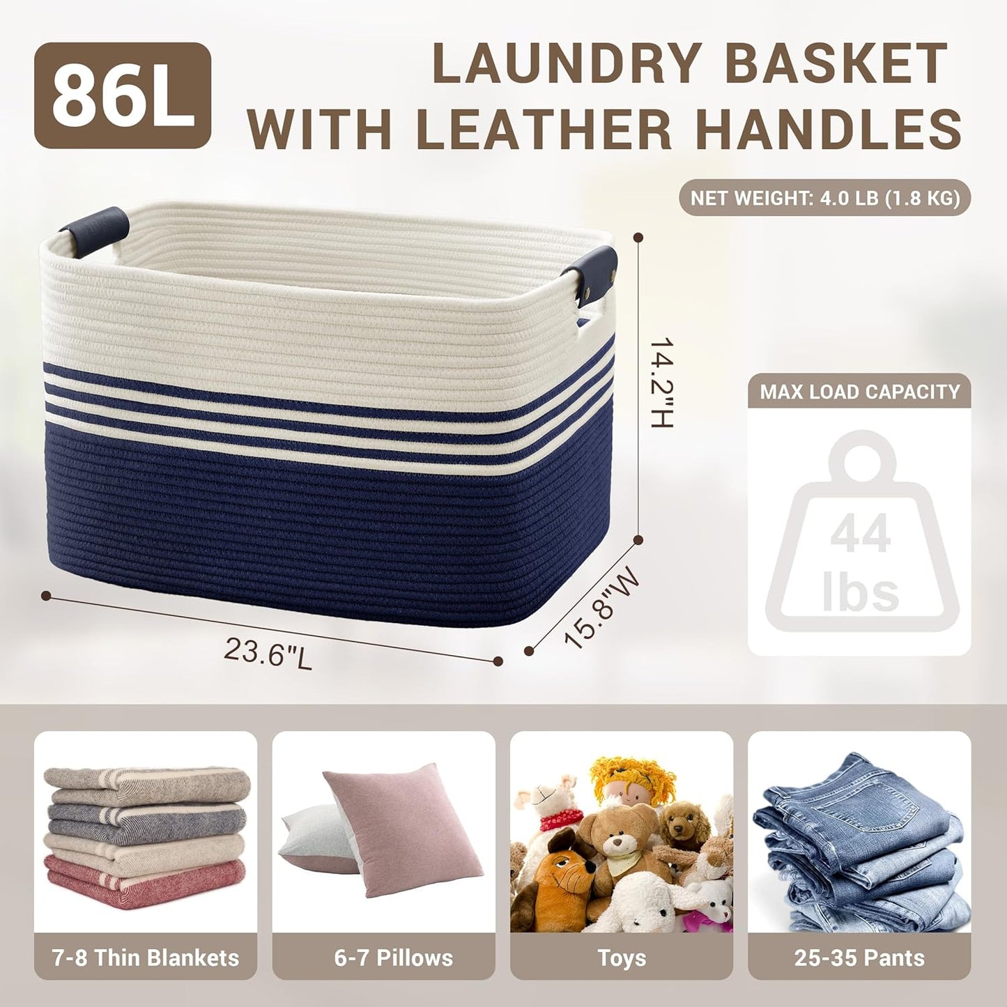86L Extra Large Laundry Basket with Leather Handles for Living Room Storage, Woven Rope Baskets for