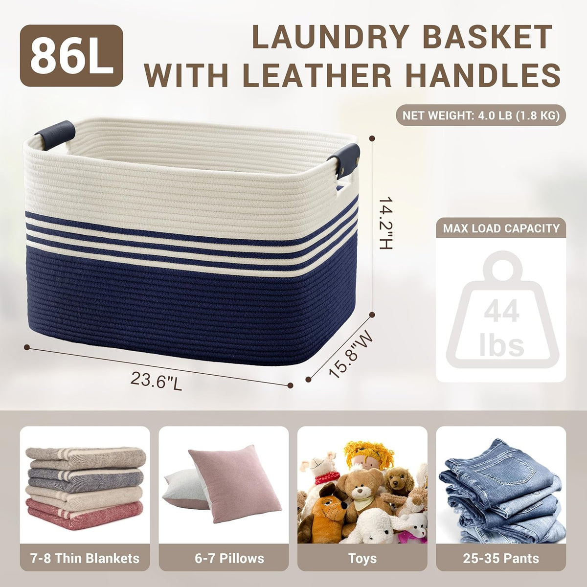 86L Extra Large Laundry Basket with Leather Handles for Living Room Storage, Woven Rope Baskets for