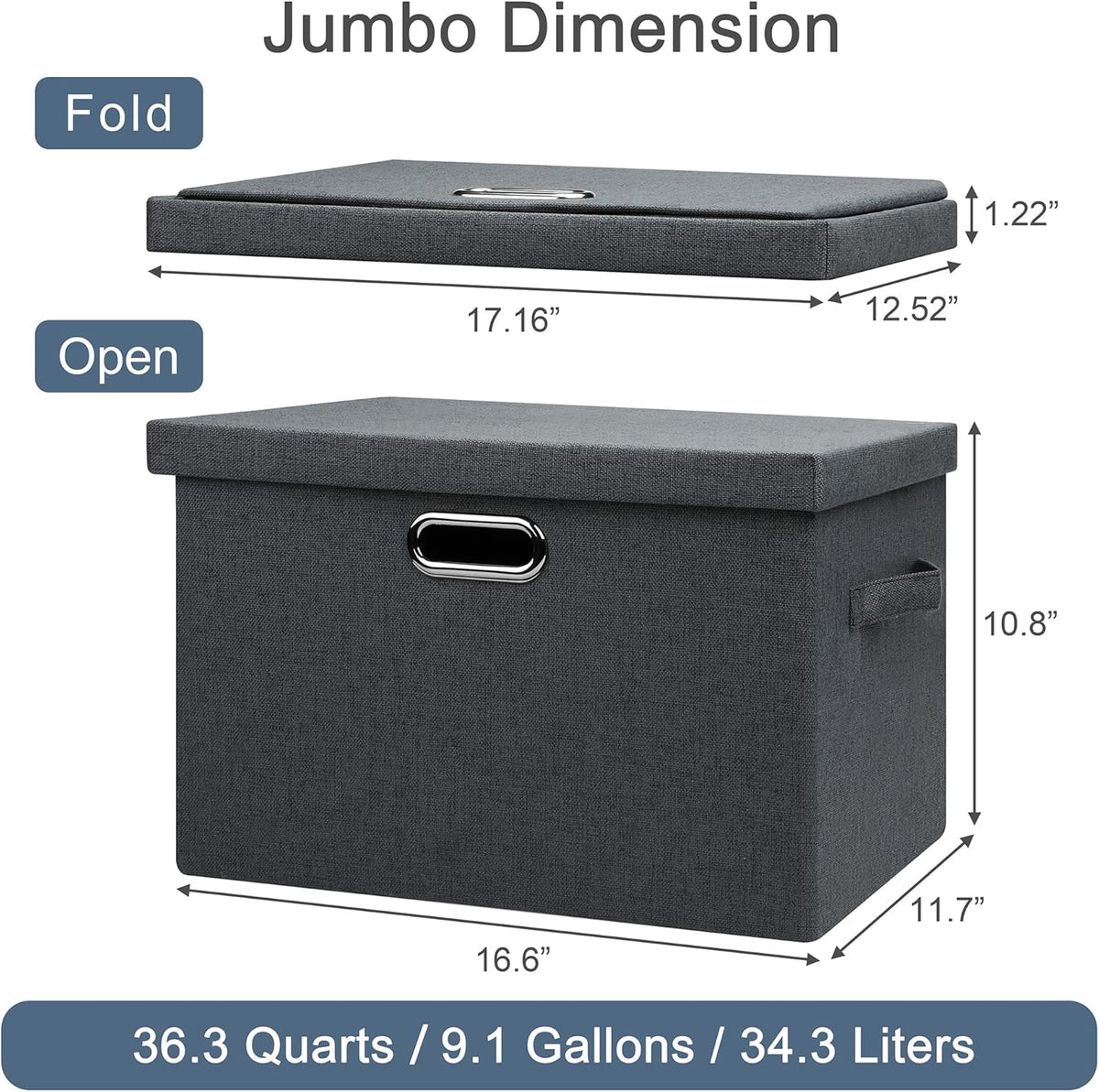 Large 17" 36 Quart Collapsible Stackable Storage Bins with Lids, 5 Packs Dark Gray Foldable Fabric