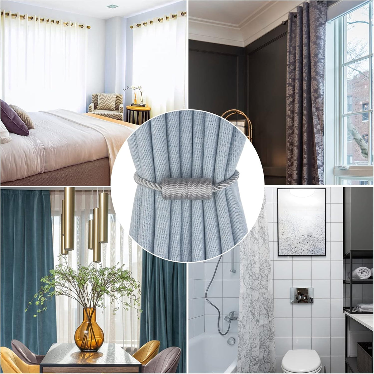 Magnetic Curtain Tiebacks 6 Pack Grey Curtain Rope Tieback Curtain Holders for Drapes Modern Tie