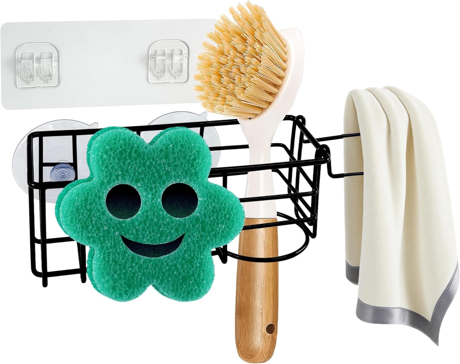 Sponge Holder Smile Face with Dish Cloth Hanger for Kitchen Sink, In-sink Caddy Organizer with