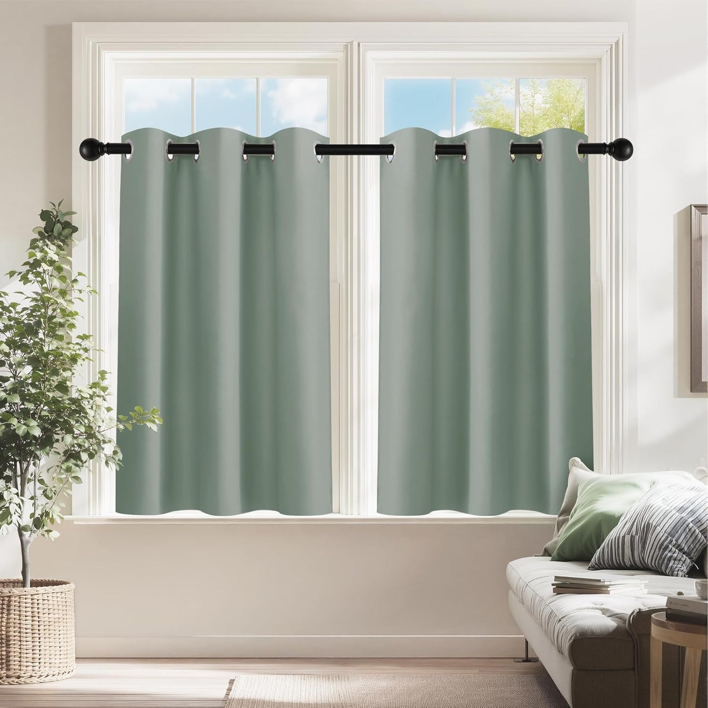 PONY DANCE Sage Green Small Curtains for Bathroom, Black Out Thermal Insulated Short Window Drapes
