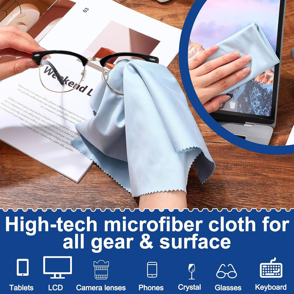 Frienda 12 Pack Large Microfiber Glass Cleaning Cloths 12 x 12 Inch Oversized Eyeglass Sunglasses