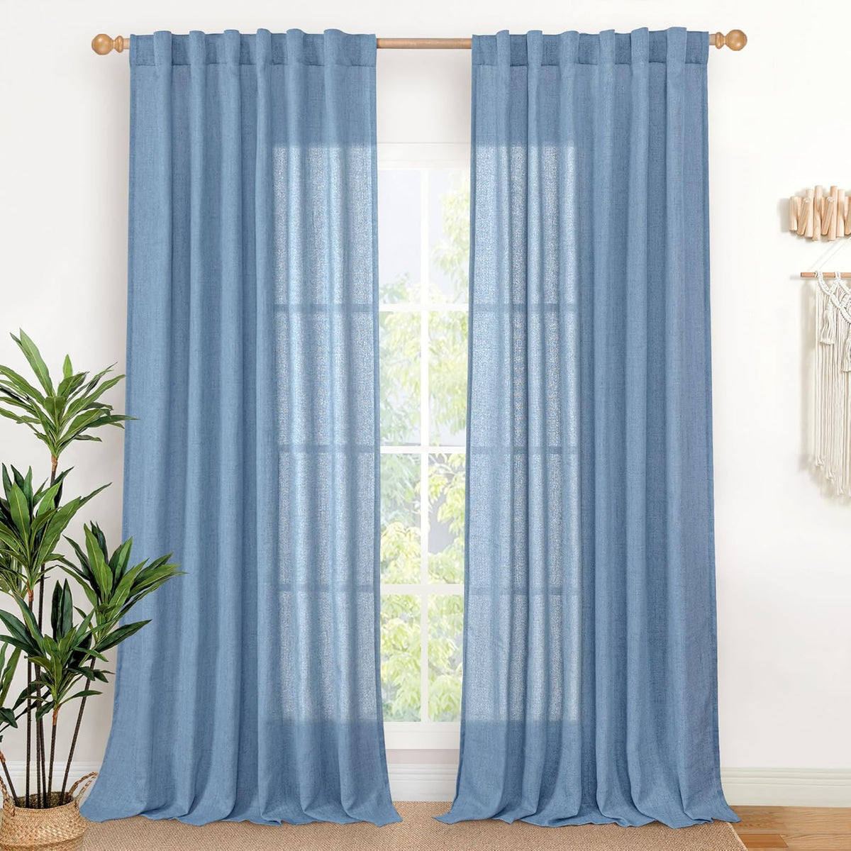 YoungsTex Denim Blue Linen Semi Sheer Curtains 84 Inches Long for Living Room 2 Panels, Light