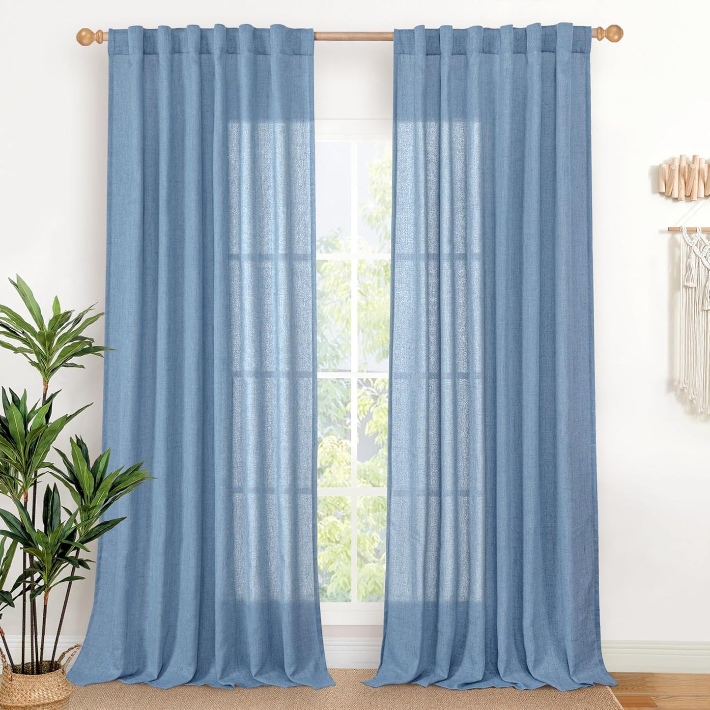 YoungsTex Denim Blue Linen Curtains 90 Inch Length for Living Room, Light Filtering Semi Sheer