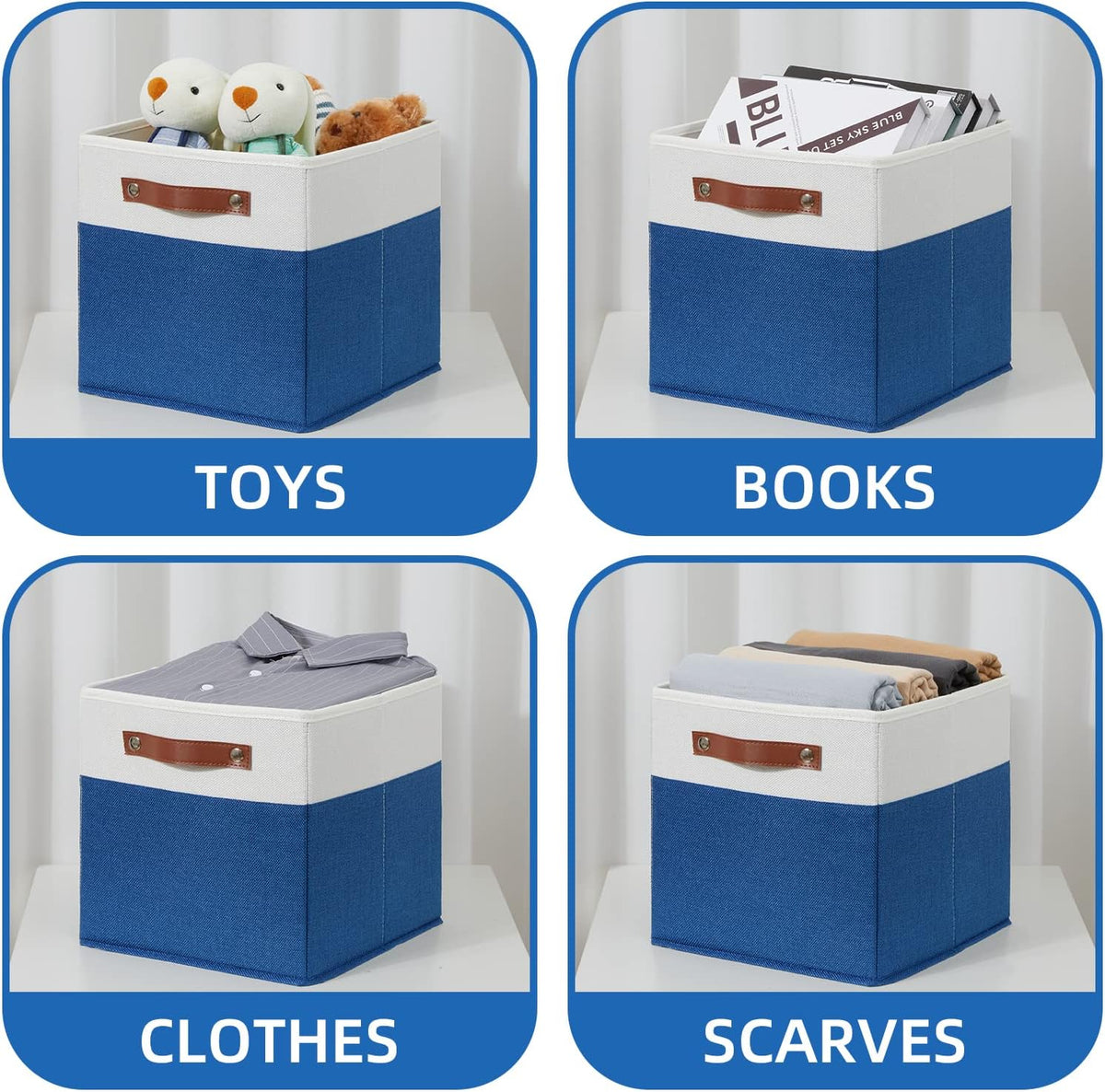 Temary 11 Storage Cube Bins for Shelves, Closet - 4 Pack Fabric Baskets With Leather Handles (White