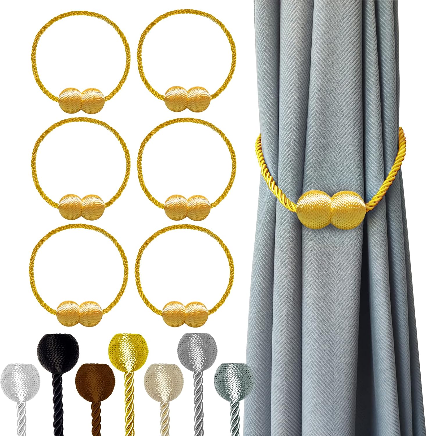 Hion Magnetic Curtain Tiebacks Golden 6 Pack, Curtain Tiebacks Buckles Holdbacks Holders Hooks Clip