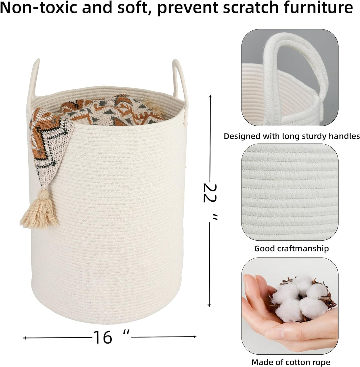 Cotton Rope Laundry Basket Hamper for Clothes Woven Storage Basket for Living Room Bedroom Boho