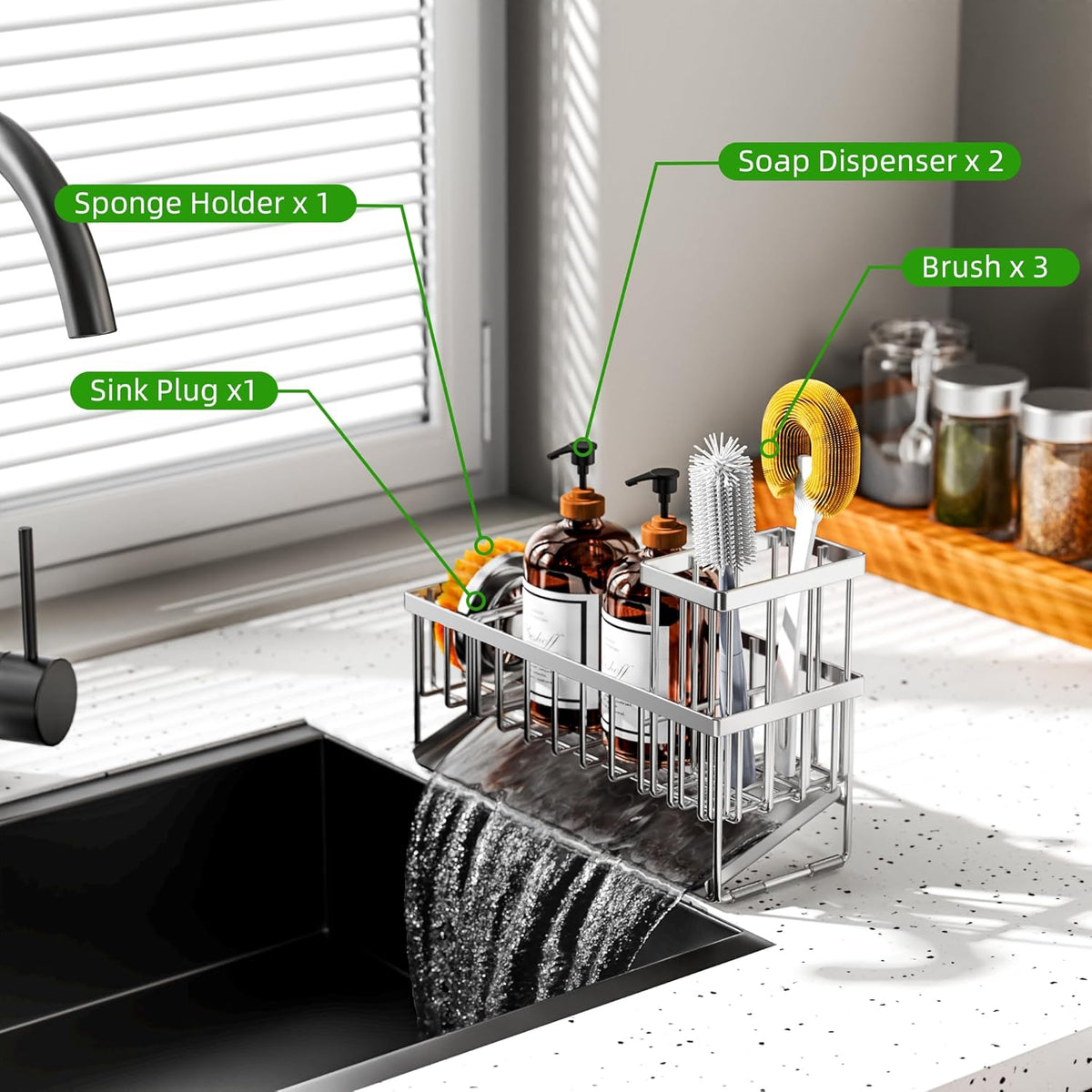 Cisily Extra Large Silver Kitchen Sink Caddy Organzier with High Brush Holder, Sponge Holder for