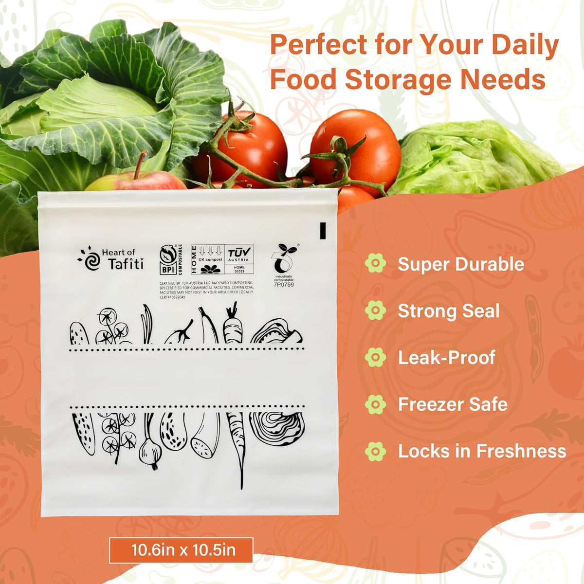 Compostable Food Storage Bags, Large Gallon Resealable Freezer Bags, 30 Count, 10.5 x 10.6 inches
