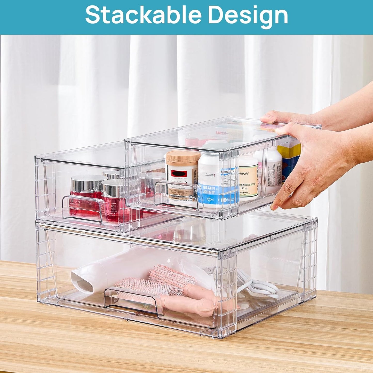 Vtopmart 3 Pack Stackable Storage Drawers, Easily Assemble Acrylic Bathroom Undersink