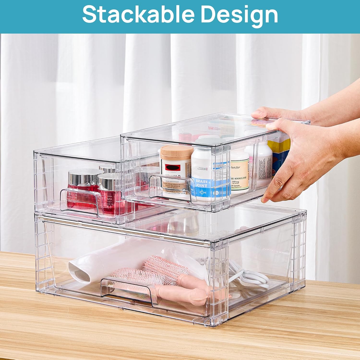 Vtopmart 3 Pack Stackable Storage Drawers, Easily Assemble Acrylic Bathroom Undersink