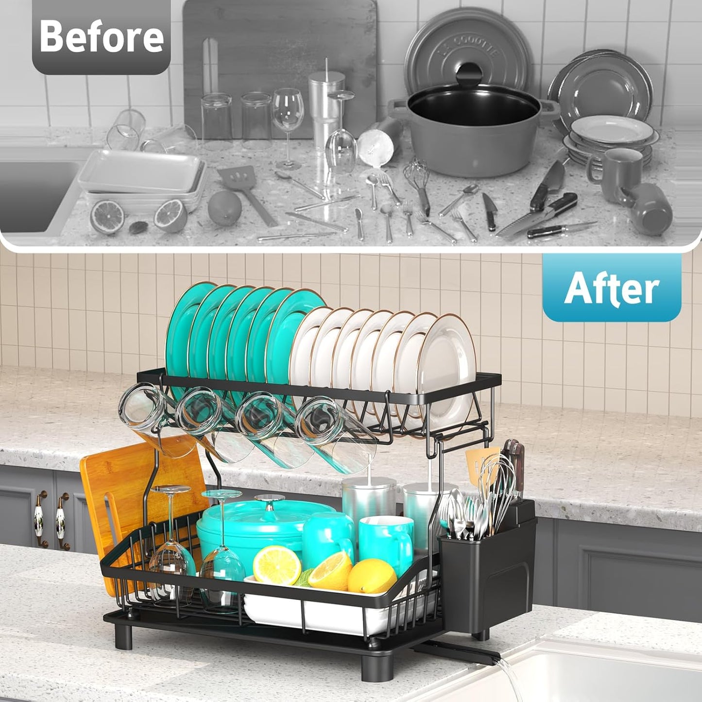 Dish Drying Rack - 2 Tier Large Capacity Dish Rack- Dish Racks for Kitchen Counter with Drainboard
