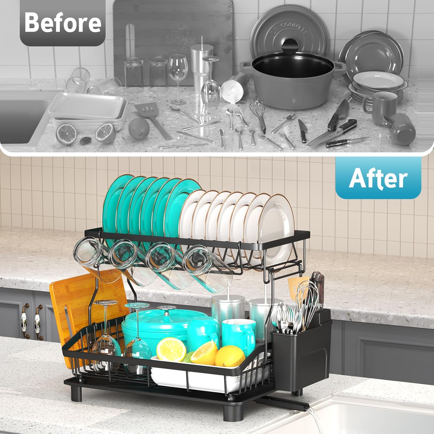 Dish Drying Rack - 2 Tier Large Capacity Dish Rack- Dish Racks for Kitchen Counter with Drainboard