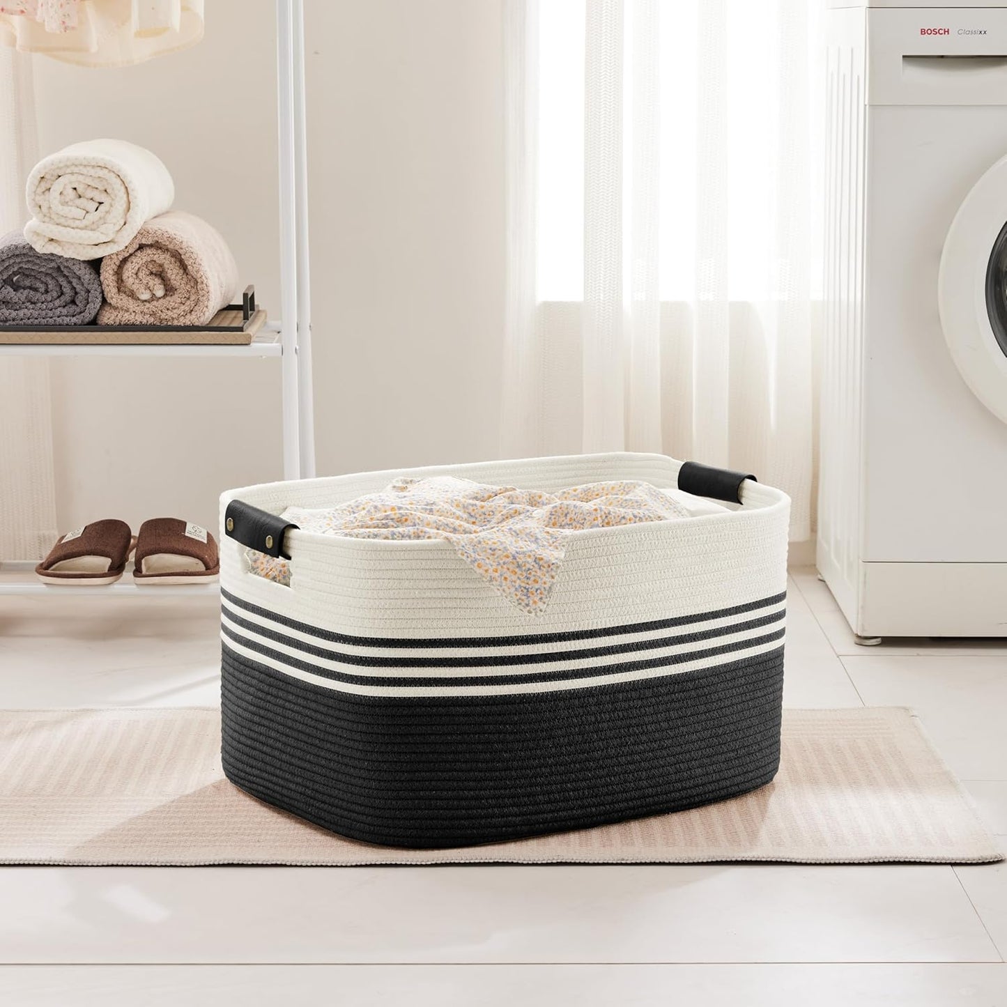 72L Large Laundry Basket with Leather Handles for Living Room Storage, Woven Rope Baskets Bin for