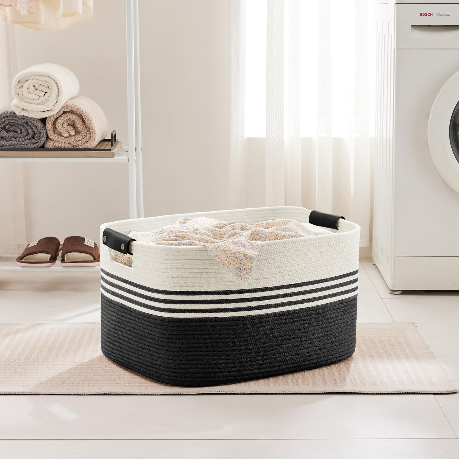 72L Large Laundry Basket with Leather Handles for Living Room Storage, Woven Rope Baskets Bin for