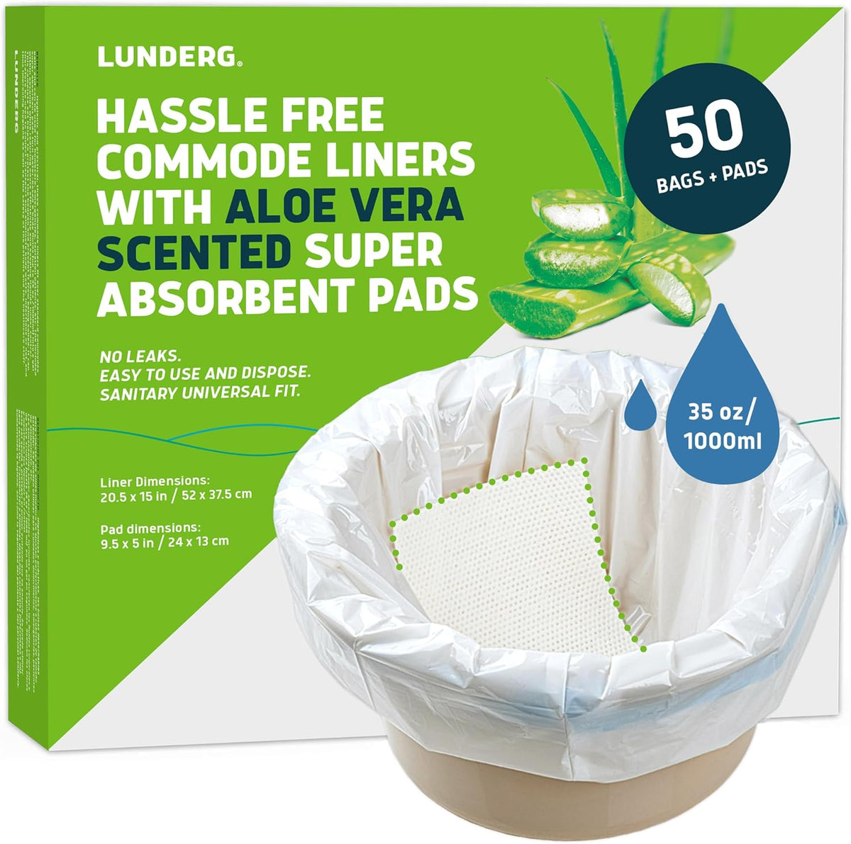 Lunderg Commode Liners with Absorbent Pads - Aloe Scent Medical Grade 50 Count Universal Fit