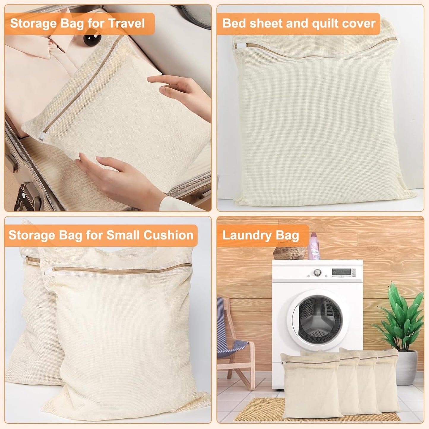 4-Piece Large Durable Organic Cotton Mesh Laundry Bags with Sturdy Zippers and Breathable Mesh are