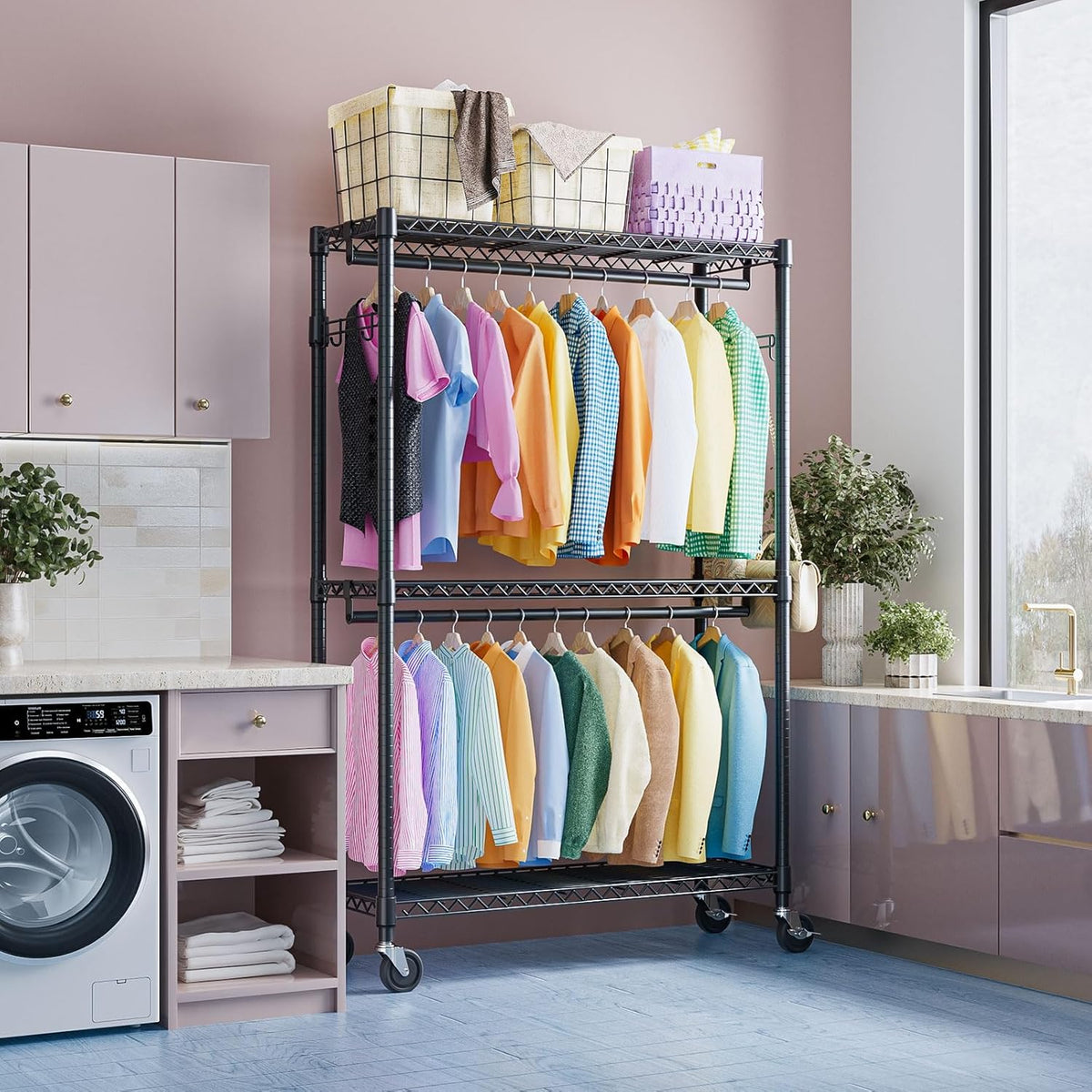 IZEUK 3 Tier Heavy Duty Rolling Garment Rack Wire Clothes Rack for Hanging Clothes, Metal