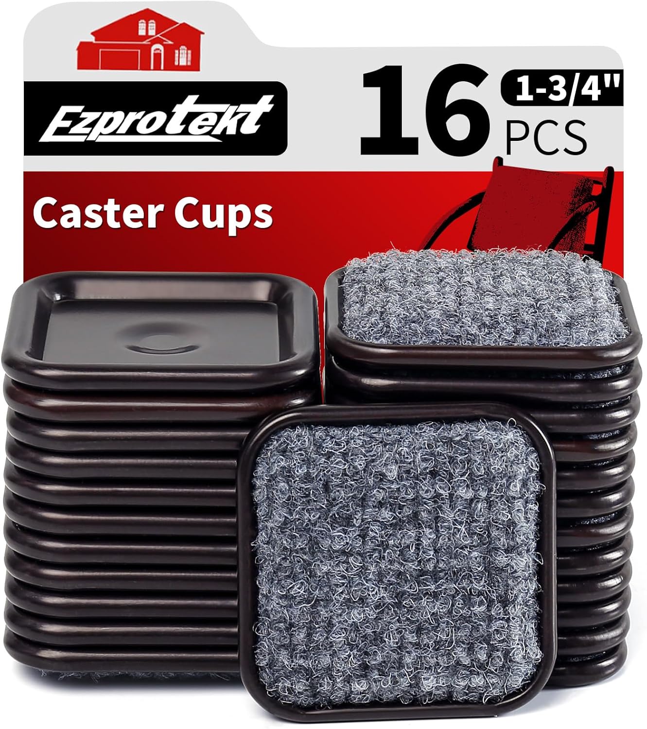 Ezprotekt 1 3/4" Square Reusable Felt Furniture Caster Cups with Carpet Bottom, 16 Pcs Felt