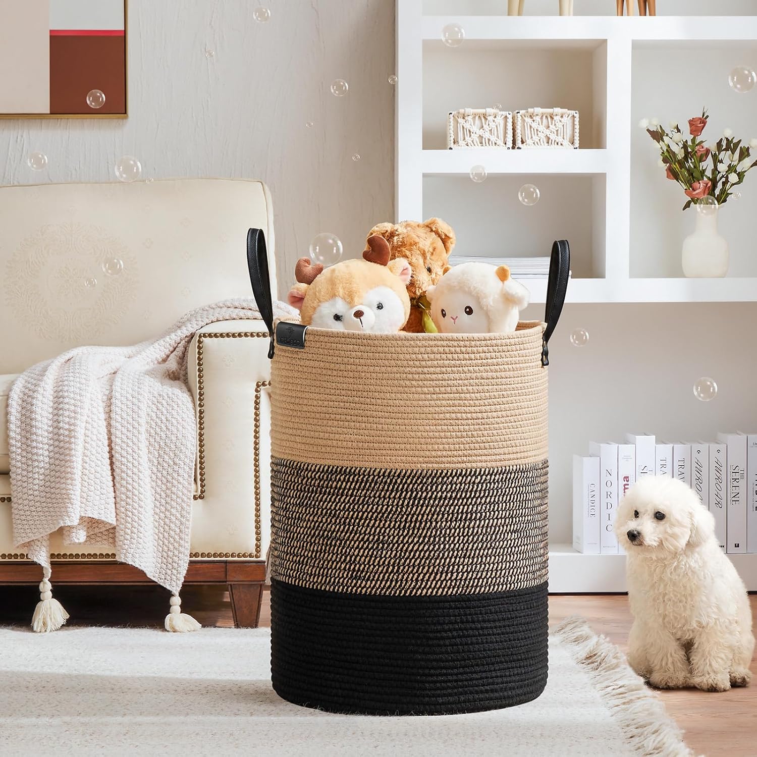 VIPOSCO Tall Laundry Basket, Large Dirty Clothes Hamper with Leather Handle, Woven Rope Storage
