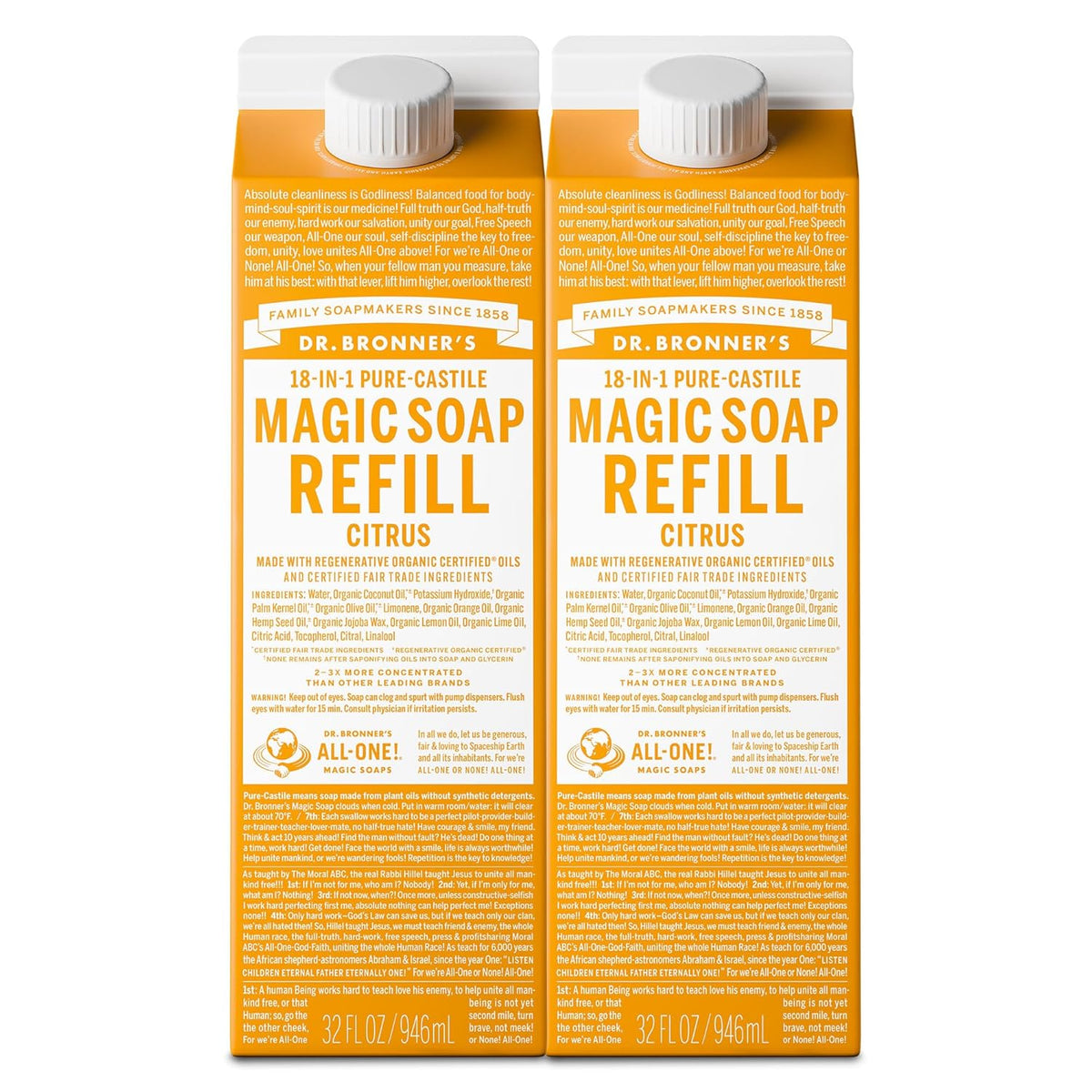 Dr. Bronner's Magic Soap-Pure-Castile Liquid Refill (Citrus, 32 ounce, 2-Pack) - Made with