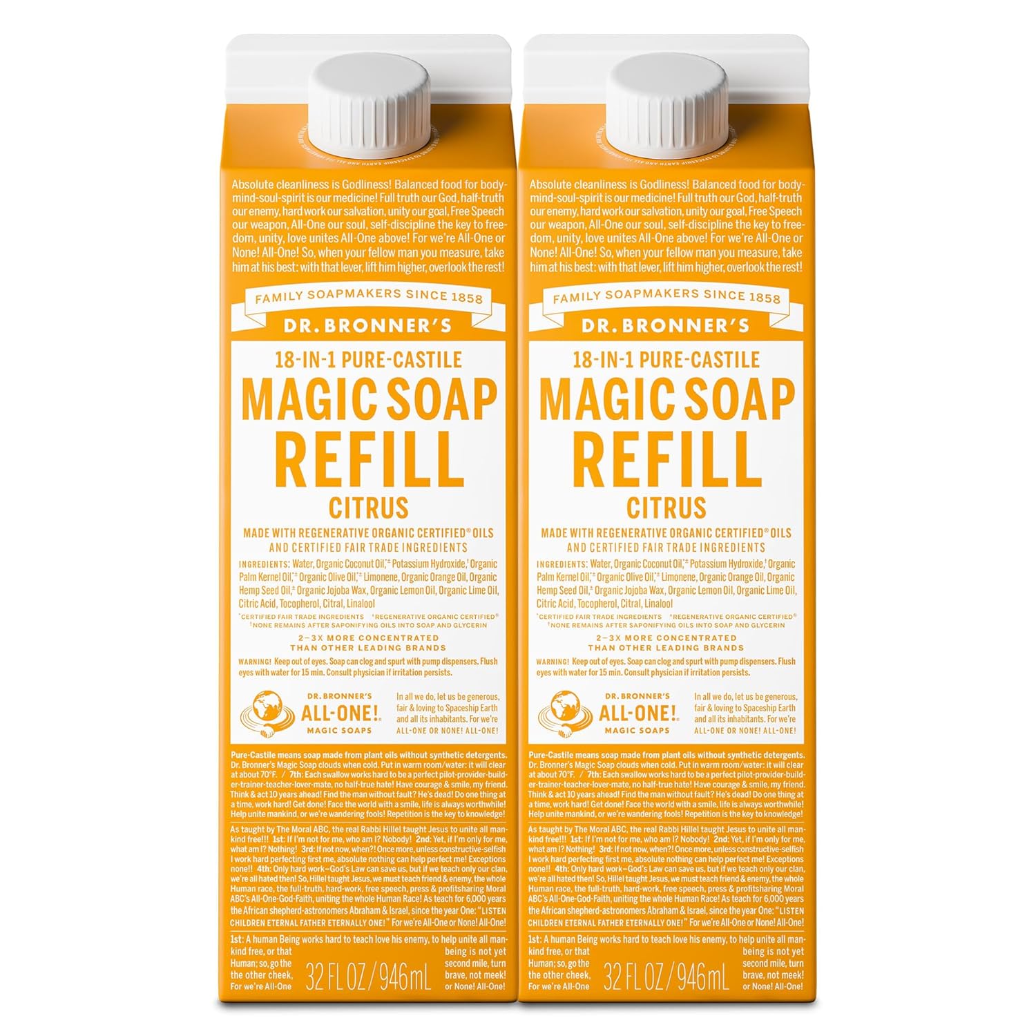 Dr. Bronner's Magic Soap-Pure-Castile Liquid Refill (Citrus, 32 ounce, 2-Pack) - Made with