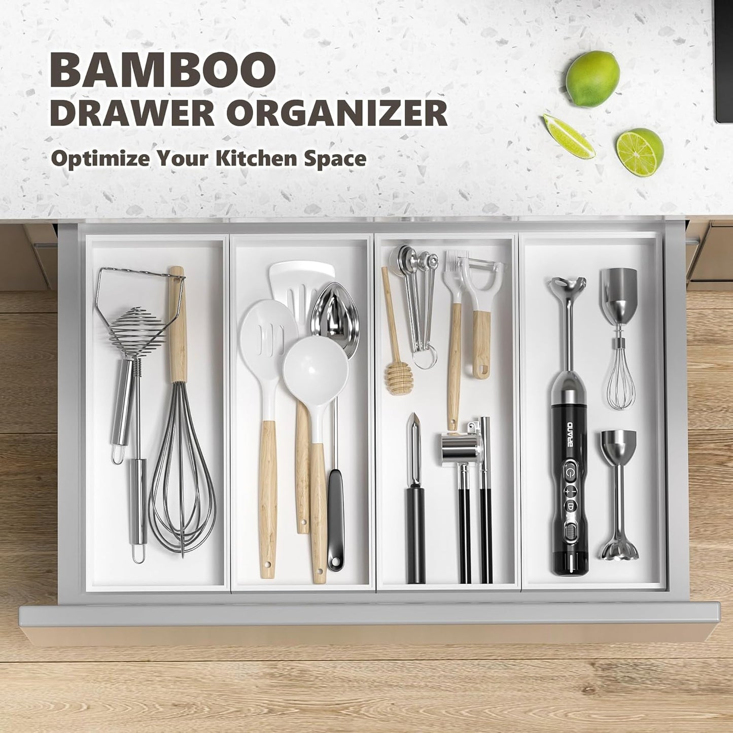 Kitchen Drawer Organizer Bins, Stackable Deep Bamboo Drawer Organizer for Silverware, Utensils