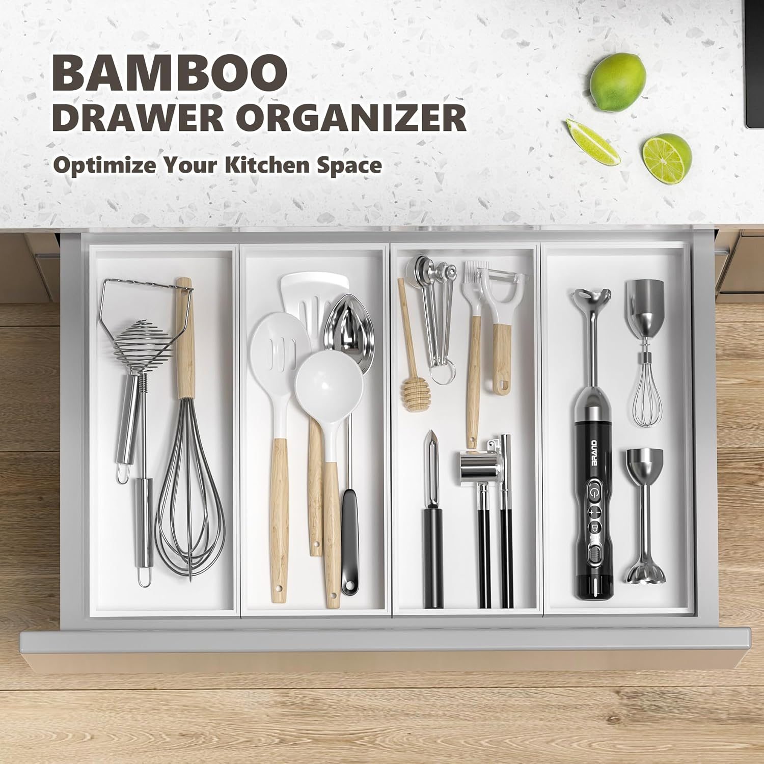 Kitchen Drawer Organizer Bins, Stackable Deep Bamboo Drawer Organizer for Silverware, Utensils