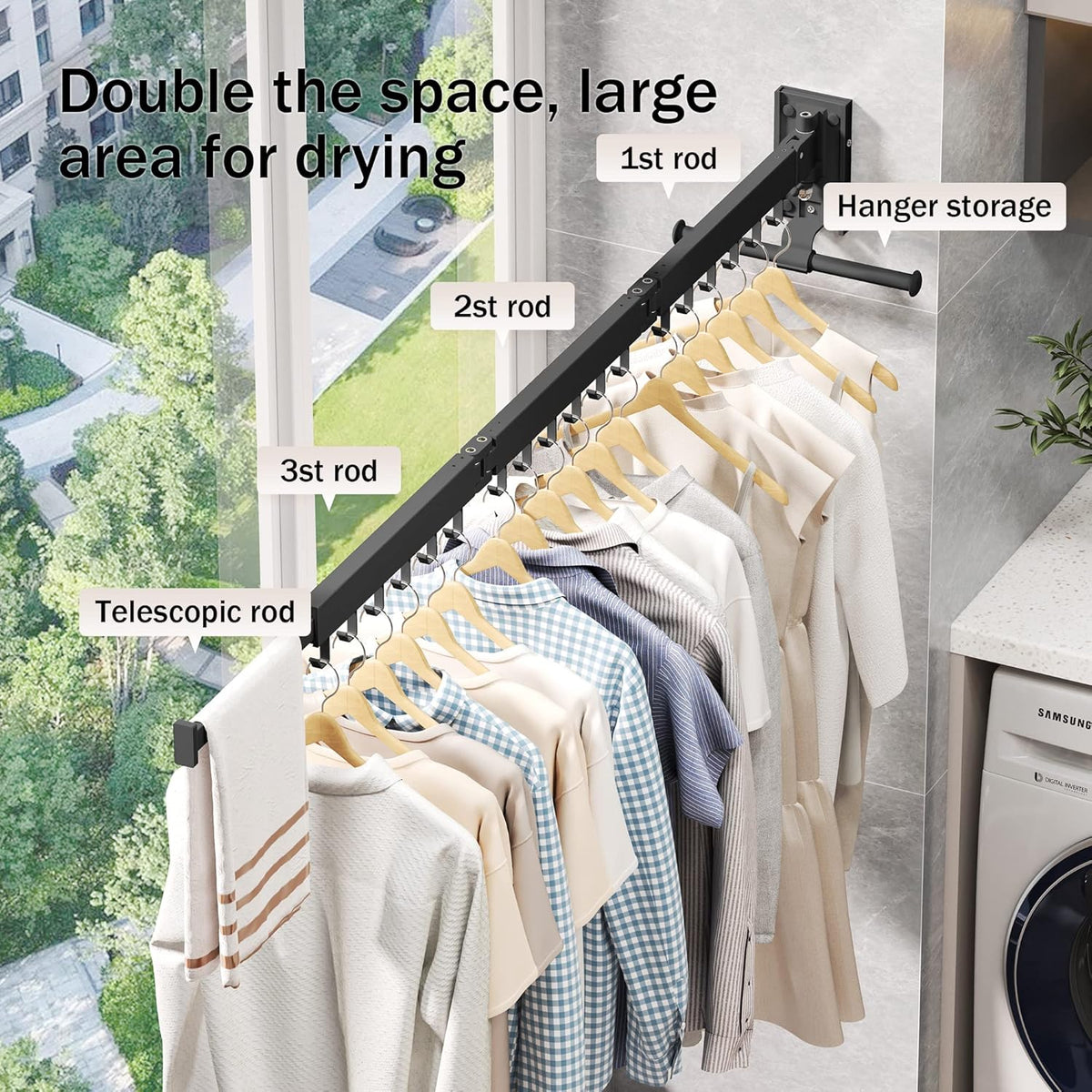 Clothes Drying Rack Wall Mounted(can fold Upward),Laundry Drying Rack,Laundry Room
